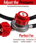Propane Regulator With Four Foot High Pressure Hose Brass Orifice Three Eighths Flare And One Eighth MNPT Adjustable Zero To Twenty Psi QCC One Type For Outdoor Grills Heaters Burners And Fire Pits Works With Any US Tanks Red