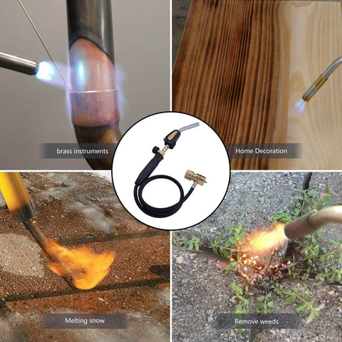Image showing the Pro Grade Propane Torch With 60 Inch Hand Hose For MAPP Gas And Welding Tasks in various uses like brazing and heating.