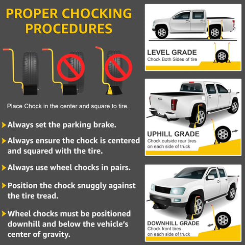 Proper chocking procedures for Extra Large Wheel Chock With Handle For Trucks, Trailers, And RVs, showing placement and tips