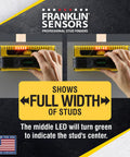 ProSensor M210 13-Sensor Stud Finder showing full width of studs behind wall with visible LED indicators.