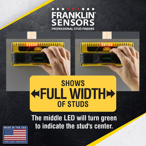 ProSensor M210 13-Sensor Stud Finder showing full width of studs behind wall with visible LED indicators.