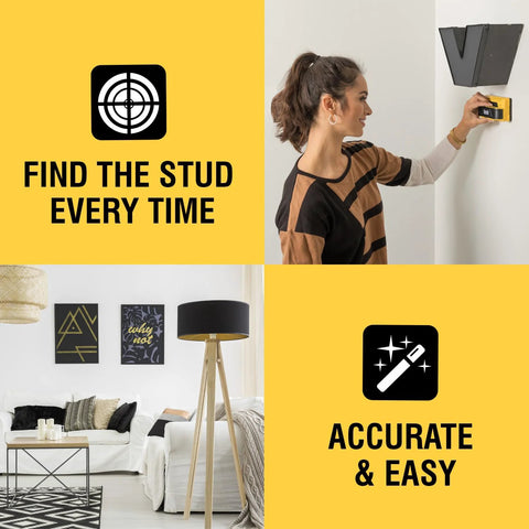 Woman using nine-sensor stud finder and wall scanner with live wire detection for precise locating of wood and metal studs behind walls.