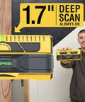 Man holding ProSensor M210 13-Sensor Stud Finder, demonstrating wall scanning feature for wood and metal studs.