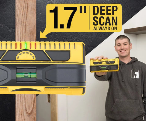 Man holding ProSensor M210 13-Sensor Stud Finder, demonstrating wall scanning feature for wood and metal studs.
