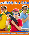 Kids and teens wearing 4 Pack Protective Goggles For Nerf Guns in red, blue, and black colors, posing with toy guns outdoors.
