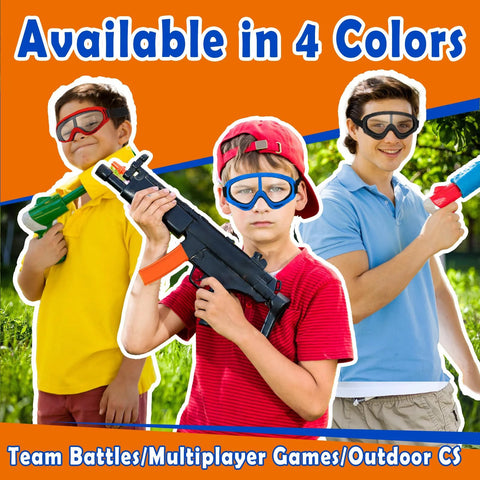 Kids and teens wearing 4 Pack Protective Goggles For Nerf Guns in red, blue, and black colors, posing with toy guns outdoors.