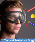 Man wearing black protective goggles, illustrating 4 Pack Protective Goggles For Nerf Guns Kids Teens Safety Eyewear 4 Colors.