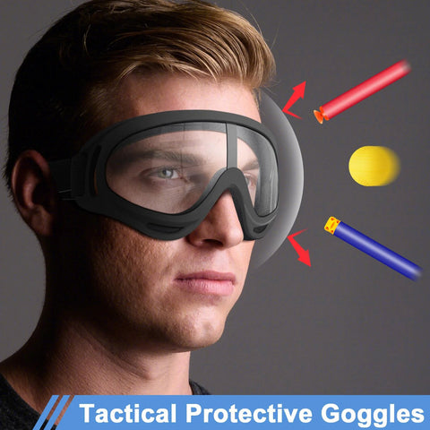 Man wearing black protective goggles, illustrating 4 Pack Protective Goggles For Nerf Guns Kids Teens Safety Eyewear 4 Colors.