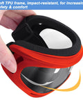 Close-up of a hand holding red protective goggles with soft TPU frame for Nerf guns, kids and teens safety eyewear in 4 pack, 4 colors.