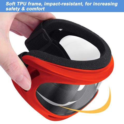 Close-up of a hand holding red protective goggles with soft TPU frame for Nerf guns, kids and teens safety eyewear in 4 pack, 4 colors.