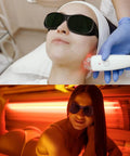 Person wearing IR Five Point Zero Welding Safety Glasses during a laser facial treatment and in a tanning bed for UV protection.