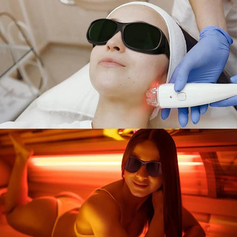 Person wearing IR Five Point Zero Welding Safety Glasses during a laser facial treatment and in a tanning bed for UV protection.