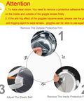 Instructional diagram on removing film and adjusting strap for Protective Safety Goggles Anti Splash Wide Vision Fits Over Prescription Glasses.