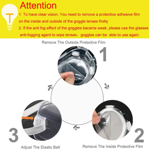 Instructional diagram on removing film and adjusting strap for Protective Safety Goggles Anti Splash Wide Vision Fits Over Prescription Glasses.