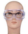 Front view of Protective Safety Goggles Anti Splash Wide Vision Fits Over Prescription Glasses on mannequin's face