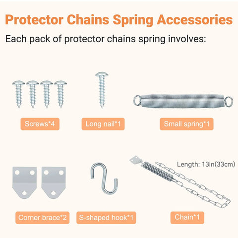 Protector Chains Spring Accessories including screws, nails, spring, corner braces, hook, and chain
