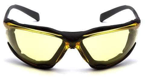 Front view of Proximity Safety Glasses With Amber Lens H2X Anti Fog And UVA BC Protection, black frame, flame resistant foam padding