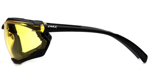 Side view of Proximity Safety Glasses With Amber Lens H2X Anti Fog And UVA BC Protection showing black frame and amber lens