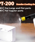 Powder Coating Gun System For Metal Wood And Plastic Dual Voltage 15KV 25KV showing spraying action on metal part Model PT 200