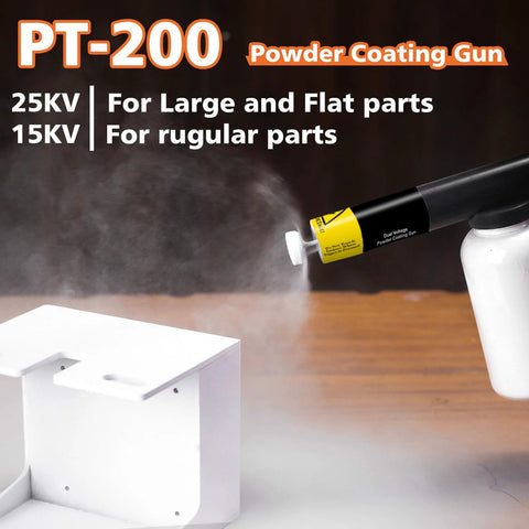 Powder Coating Gun System For Metal Wood And Plastic Dual Voltage 15KV 25KV showing spraying action on metal part Model PT 200
