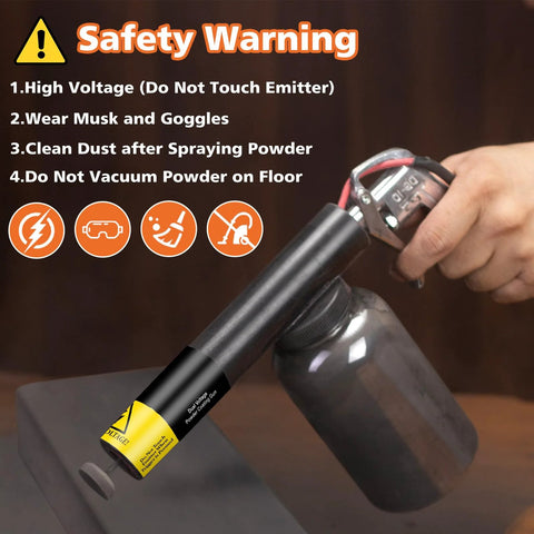 Powder Coating Gun System For Metal Wood And Plastic Dual Voltage 15KV 25KV PT 200 held in hand with safety warning displayed