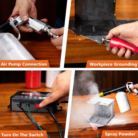 Steps for using Powder Coating Gun System For Metal Wood And Plastic Dual Voltage 15KV 25KV PT 200 with connection and spray actions