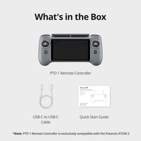 PTD 1 Remote Controller With 5.5-Inch 1080P Full HD Touch Display 10KM Transmission 6400 mAh Battery Up To 3 Hours Runtime 32GB Storage Compatible Only With Atom 2 Drone PixSync 4.0 For Stable Live View, includes USB-C cable and quick start guide