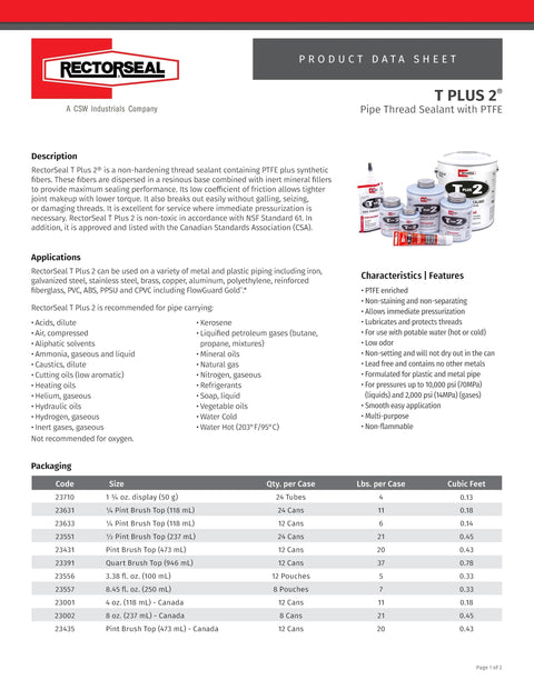 Product data sheet for Non Hardening PTFE Enriched Pipe Thread Sealant With Synthetic Fibers For Pros And Diyers From RectorSeal T Plus 2