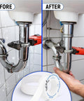 High Density PTFE Plumbers Tape Pro Grade Thread Sealant For Leak Proof Pipe Connections Half Inch By Five Hundred Twenty Inches Pack Of Two Durable Teflon Tape Built To Last With Superior Seal And Low Stretch Resistance shown in use on plumbing pipes labelled before and after.