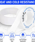 High Density PTFE Plumbers Tape with heat and cold resistance features and icons showing water-proof, easy to tear, UV resistant properties