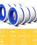 Eight Rolls Half Inch Wide PTFE Plumbing Tape 520 Inches Long Each; white tape for plumbing projects, sealant with blue cores.