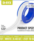 Four Roll Pack Of Teflon Tape One Half Inch Wide Five Hundred Twenty Inches Long PTFE Thread Sealant for Plumbing shown in detail
