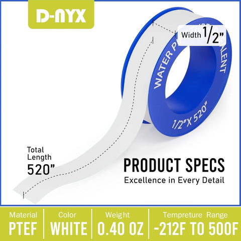 Four Roll Pack Of Teflon Tape One Half Inch Wide Five Hundred Twenty Inches Long PTFE Thread Sealant for Plumbing shown in detail
