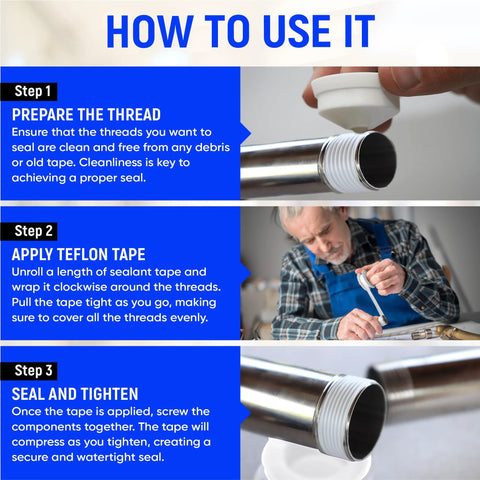 Three steps on how to use High Density PTFE Plumbers Tape Pro Grade Thread Sealant For Leak Proof Pipe Connections Half Inch By Five