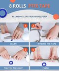 Guide showing steps to use Thicker PTFE Teflon Plumbers Tape Half Inch By 520 Inches Pack Of 8 for leak proof water pipe sealing MEBMIK