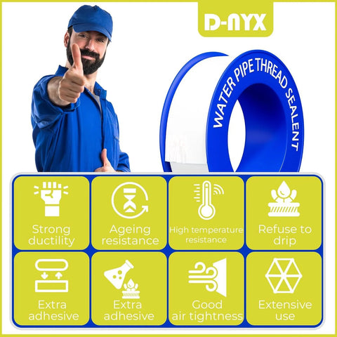 Four Roll Pack Of Teflon Tape One Half Inch Wide Five Hundred Twenty Inches Long PTFE Thread Sealant For Plumbing And Shower Heads Leak Proof Water Pipe Sealing Plumbers Tape Dope Kit With Heavy Duty Sealing For Pipe Fittings And Threaded Connections shown with blue water pipe thread sealant roll and features including ductility and resistance.