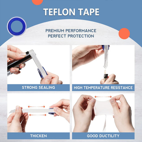 Thicker PTFE Teflon Plumbers Tape Half Inch By 520 Inches Pack Of 8 For Leak Proof Water Pipe Sealing, close-up features overview.