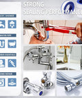 Collage showcasing Thicker PTFE Teflon Plumbers Tape Half Inch By 520 Inches Pack Of 8 for leak-proof water pipe sealing.