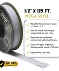 High Density PTFE Thread Seal Tape Mega Roll Half Inch By 125 Feet Two Pack shown with specifications and warranty badge