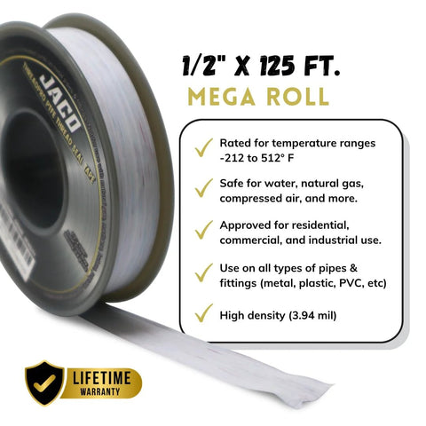 High Density PTFE Thread Seal Tape Mega Roll Half Inch By 125 Feet Two Pack shown with specifications and warranty badge