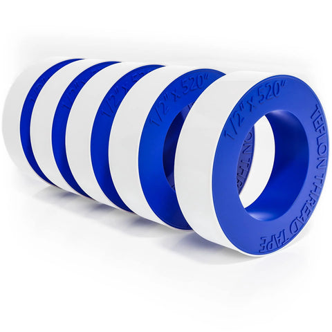 Four Roll Pack Of Teflon Tape One Half Inch Wide Five Hundred Twenty Inches Long PTFE Thread Sealant shown with blue centers