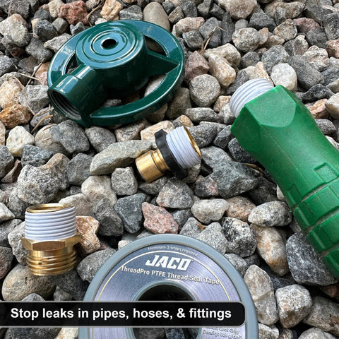High Density PTFE Thread Seal Tape Mega Roll Half Inch By 125 Feet Two Pack with brass fittings and a green hose on rocks