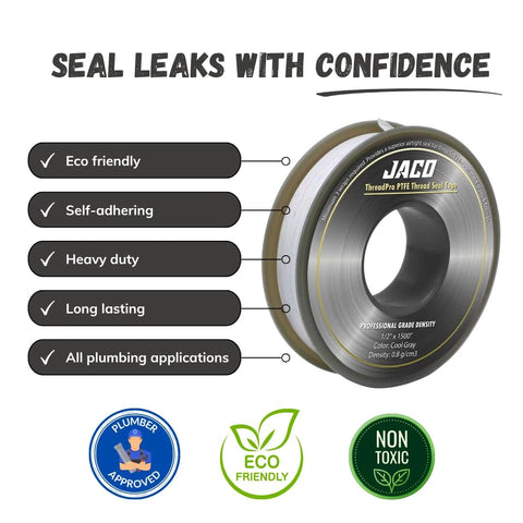 High Density PTFE Thread Seal Tape Mega Roll Half Inch By 125 Feet Two Pack No Hassle For Leakproof Seals with features listed