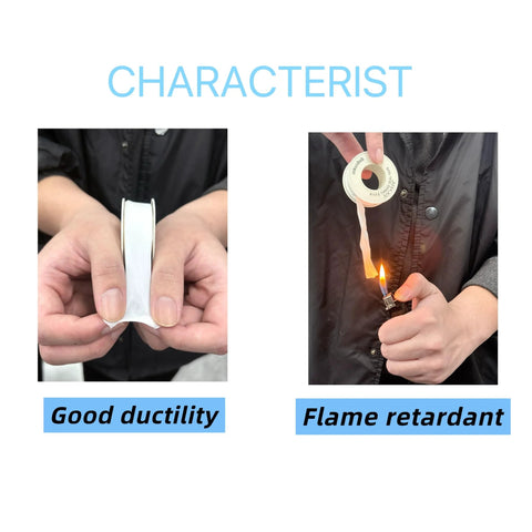 Hands holding Three Quarter Inch PTFE Thread Tape for Plumbers White Teflon Tape 520 Inches Long demonstrating ductility and flame retardancy