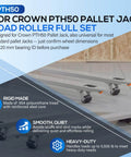 Front Load Wheel Replacement Kit For Crown PTH50 Pallet Jack With Axles Bearings And Hardware Includes 2 Black 2.75 X 3.75 Inch Front Load Rollers Entry And Exit Rollers Polyurethane Tread 95A Black 20mm, showing roller details and features