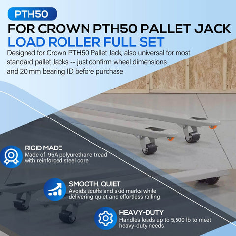 Front Load Wheel Replacement Kit For Crown PTH50 Pallet Jack With Axles Bearings And Hardware Includes 2 Black 2.75 X 3.75 Inch Front Load Rollers Entry And Exit Rollers Polyurethane Tread 95A Black 20mm, showing roller details and features