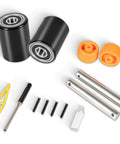 Front Load Wheel Replacement Kit For Crown PTH50 Pallet Jack with axles, bearings, hardware, black rollers, polyurethane tread.
