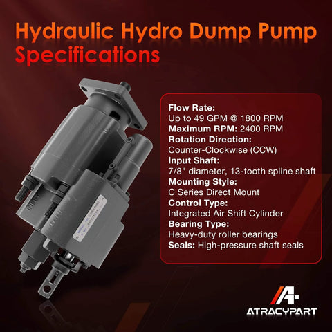 PTO Dump Pump Hydraulic Hydro Cylinder C102 Direct Mount with Air Shift Cylinder, 7/8" 13-Tooth Spline Shaft, 49 GPM