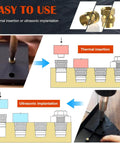 Diagram and demonstration of 400Pcs Threaded Inserts, M2 M2.5 M3 M4 M5 M6 Female Thread Metric Knurled Nuts for thermal or ultrasonic insertion