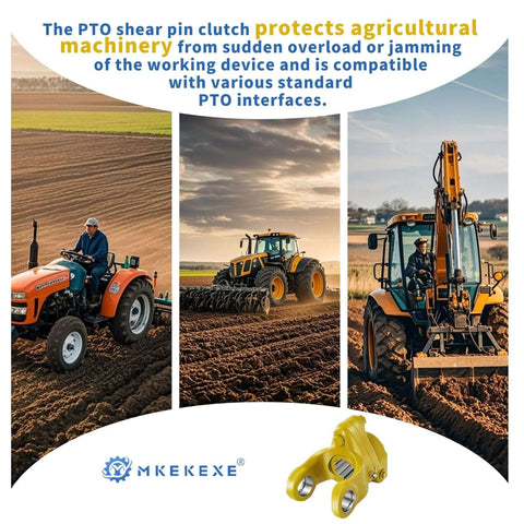 Three tractors using the 1-3/8" 6 Spline Torque Nm 1400, PTO Yoke Shear Bolt Torque Limiter in agricultural fields.